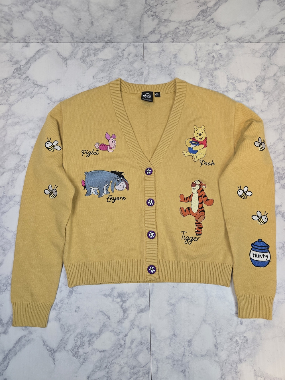 Disney Winnie the Pooh V-Neck Cardigan Sweater Medium Yellow